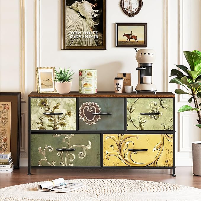 5-Drawer Dresser for Bedroom, Anti-Tip Wide Storage Organizer Fabric | Chest of Drawers TV Stand for 45" TV with Wooden Top Metal Frame for Closet, Living Room, Hallway, Entryway, Floral Painted