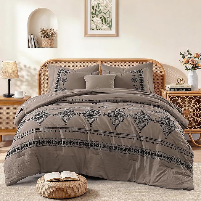 MaiRêve Queen Comforter Set Embroidery Floral 7 Pieces Bed in a Bag | Taupe Grey Boho Farmhouse Bedding Sets with Comforter, Sheets, Pillowcases & Shams
