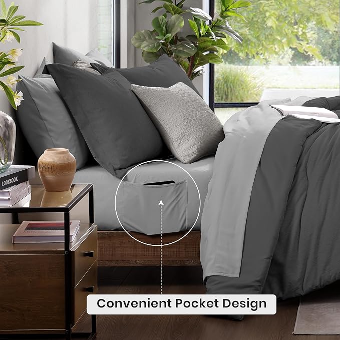 Monbix Full Size Comforter Set 7 Pieces Dark Grey Bed in a Bag | Cationic Dyeing Reversible All Season Bedding Sets with Comforter, Sheets, Pillowcases & Shams