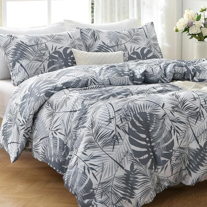 MUXHOMO Duvet Cover King Size, Reversible Floral Black & Grey Duvet Cover Set with Zipper Closure, 3 Pieces Botanical Patterns Soft Microfiber Bedding Set (90"x104", 2 Pillow Cases 20"×36") US