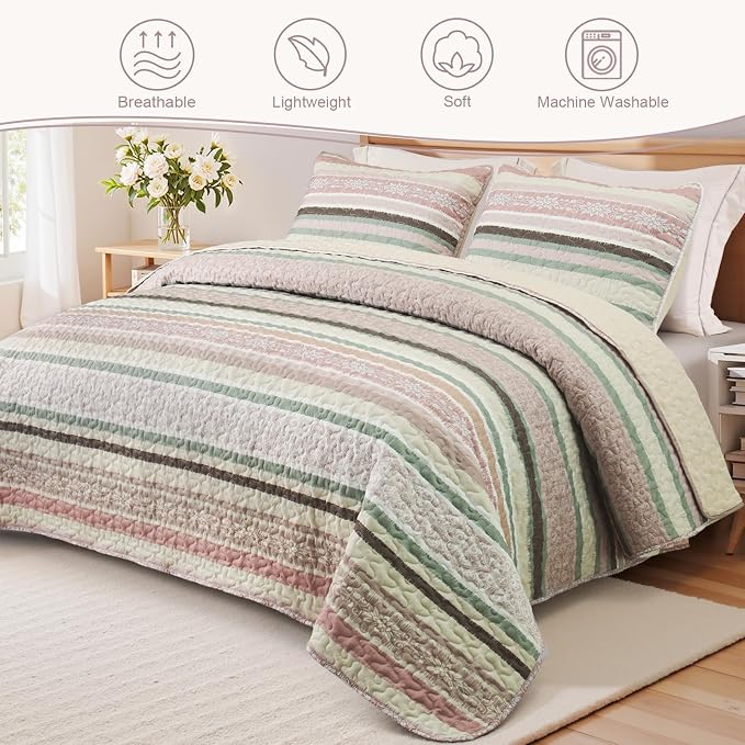 Exclusivo Mezcla Reversible Boho Quilt King Size Pink | Lightweight Soft Bedspreads, All Season Striped Coverlet Bedding Set, Printed Floral Pattern, 1 Quilt and 2 Pillow Shams