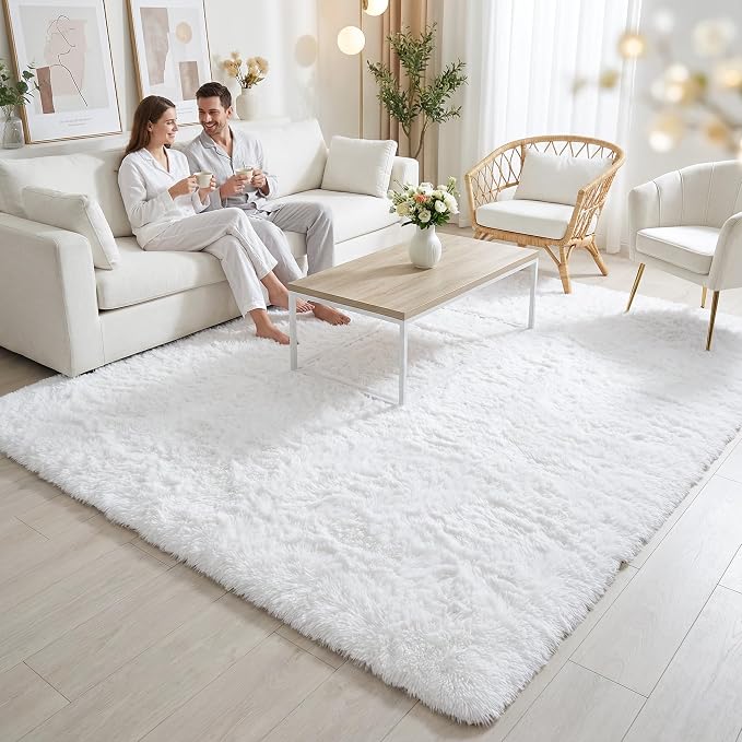 Soft Modern Indoor Large Shaggy Rug for Livingroom Bedroom Dorm Kids Room Home Decorative, Non-Slip Plush Fluffy Furry Fur Area Rugs Comfy Nursery Accent Floor Carpet 8x10 Feet, White