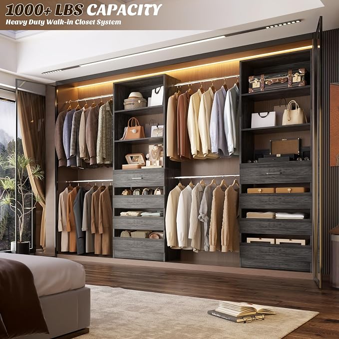 Aheaplus Closet System,4-9Ft Closet Organizer with 4 Wood Drawers,Black Oak | Wood Closet Organizer System with Tower, Walk-in Closet Organizer Wardrobe Clothes Rack with 4 Hanging Rods, Garment Rack