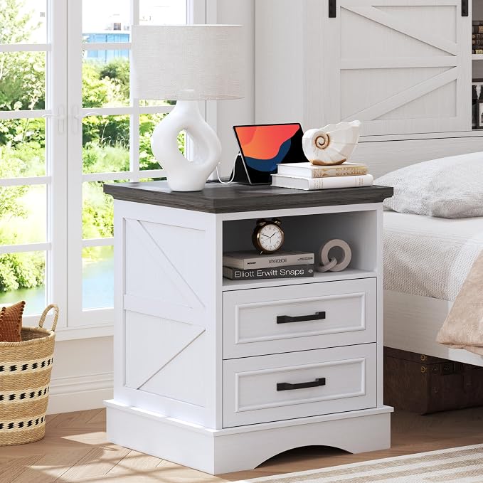 Fluest 24" Tall Farmhouse Nightstand, Night Stand with Fast Charging Station, Beside Tables with Drawers and Open Storage, Rustic End Tables for Bedroom, Antique White
