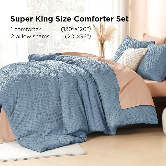 Litanika Super King Size Comforter Set, 3 Pcs Tufted Boho Bedding Set | Grayish Blue Farmhouse Shabby Chic Vintage Bohemian Textured Aesthetic Soft Fluffy Lightweight Breathable All Season Bed Set