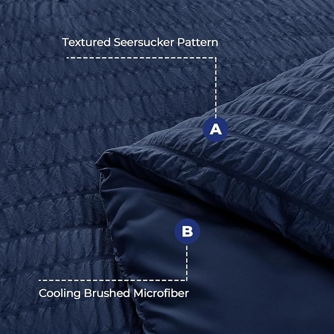 HYMOKEGE Navy Blue King Size Comforter Set Seersucker 7 Pieces, All Season Luxury Bed in a Bag for Bedroom, Bedding Set with Comforters, Sheets, Pillowcases & Shams