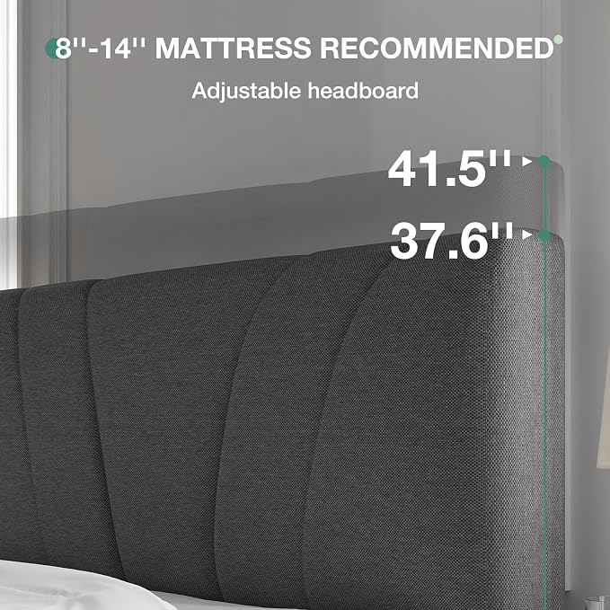 Novilla Queen Size Bed Frame Upholstered Queen Bed Frame with 3-Height Adjustable Headboard, Strong Weight Capacity, No Box Spring Needed, Easy Assembly, Grey