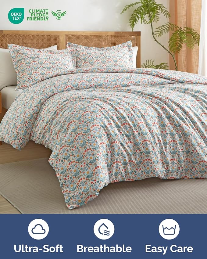 Duvet Cover Full Size - Floral Duvet Cover - 3 Piece - Amalfi Blooms | Soft Floral Duvet Cover 80 x 90 with 2 Pillow Shams, Zipper Closures & Ties, Floral Bedding for Women, Men, Kids & Teens