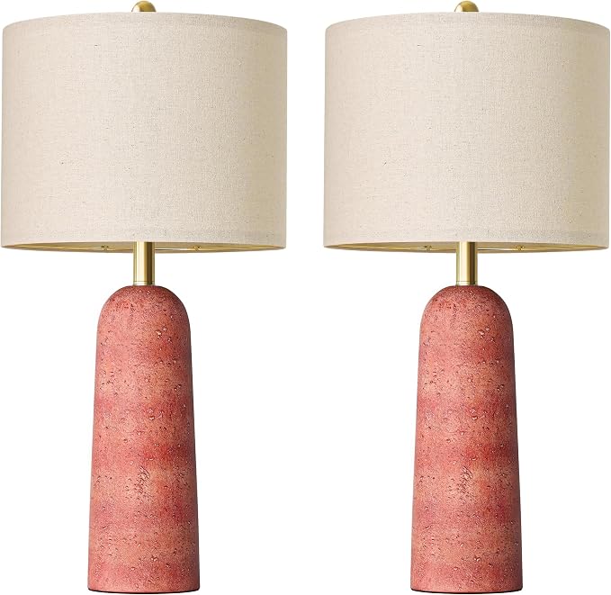 BOBOMOMO 27.25" Modern Table Lamp Set of 2, Red Resin Table Lamps with Stone Look, Lamps for Living Room with Linen Shades, Bedside Lamps for Bedroom Nightstand, Table Lamps for Living Room End Tables