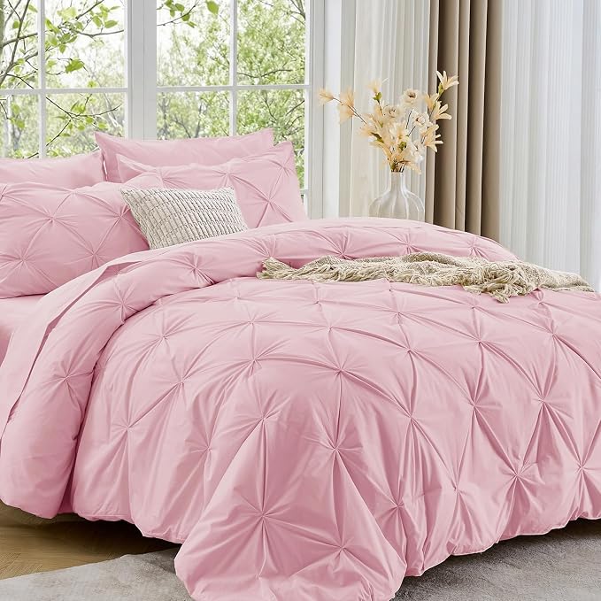 Sasttie Oversized King Comforter Set, 7-Piece Bed in a Bag, Pintuck Bedding Sets for All Season, Includes Comforter, Flat Sheet, Fitted Sheet, Pillowcases and Pillowshams, Baby Pink