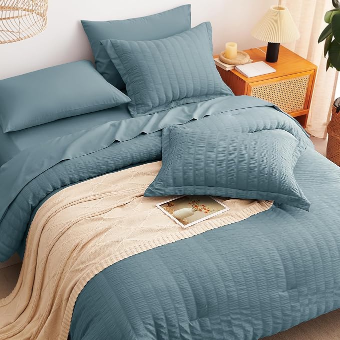 King Comforter Set, 7 Pieces Mineral Blue Seersucker Bed in a Bag | OEKO-TEX Certified, All Season Bedding Set with 240 GSM Down Alternative Comforter, Flat & Fitted Sheets, Pillowcases & Shams