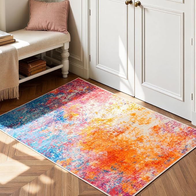 Rugflix 3x5 Entrance Rugs, Washable Colorful Rainbow Entry Small Rug | Machine Washable; Stain-Resistant; Low Pile; Non-Slip; Modern Abstract; Carpet for Entryway Kitchen Hallway Home