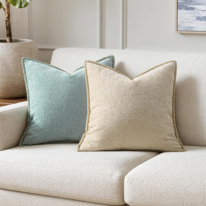 MIULEE Decorative Euro Sham Pillow Covers 24x24 Inch Beige 2 Pack | Neutral Farmhouse Throw Pillow Covers with Stitched Edge, Soft Chenille Cushion Cases, for Couch Sofa Bed Living Room
