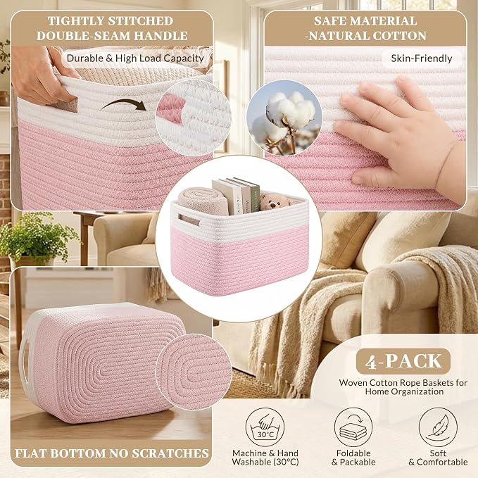 OIAHOMY 4 Pack Storage Basket, 13"x9"x7.8" Cotton Rope Baskets for Shelves, Closet Organizer for Bedroom & Living Room, Soft Decorative Bins for Organizing Towels, Books & Toys, Pink & White