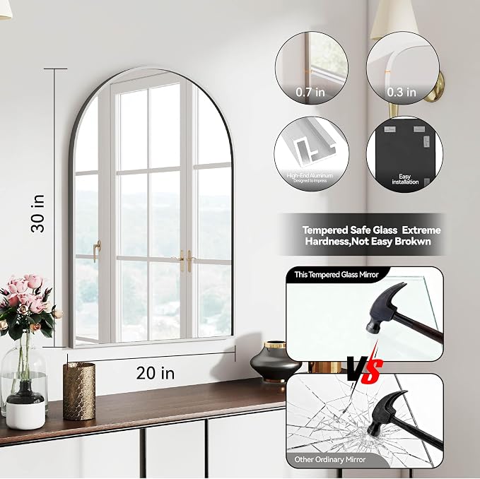 30x20 Bathroom Mirror Arch Wall Mounted/Against Aluminum Frame Silver | HD Crystal Clear No distortion Tempered Glass,Make-Up Vanity Mirrors for Bedroom,Entryway,Bathroom,Living Room