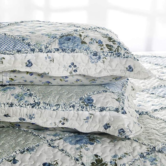VIVILINEN Blue Floral Patchwork Quilt Set, Full Queen Size, 3 Piece Bedding Set with 2 Pillowcases | 3-Piece Rversible Quilted Bedspread Coverlet Set 87"x95" Lightweight Comforter Bedding Set Bed Cover with 2 Pillow Shams