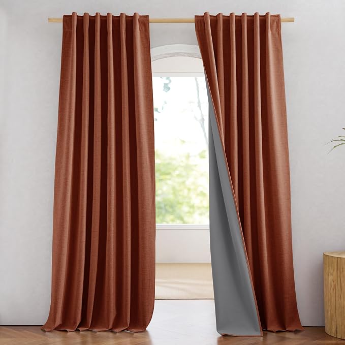 NICETOWN 100% Blackout Linen Curtains 84 inch Long 2 Panels, Rust Orange | Vintage Bedroom Curtains Thermal Insulated, Noise Reducing, Privacy Protection, Halloween Atmosphere Decoration, W52" x L84"