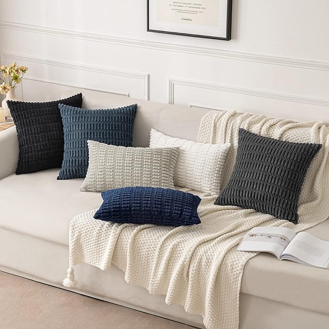MIULEE Euro Sham Corduroy Decorative Throw Pillow Covers 24x24 Navy Blue | Pack of 2 Soft Boho Striped Pillow Covers Modern Farmhouse Coastal Home Decor For Sofa Living Room Couch Bed