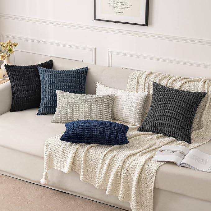 MIULEE Corduroy Decorative Throw Pillow Covers 20x20 Pure White Pack of 2 | Soft Boho Striped Pillow Covers Modern Farmhouse Home Decor For Sofa Living Room Couch Bed