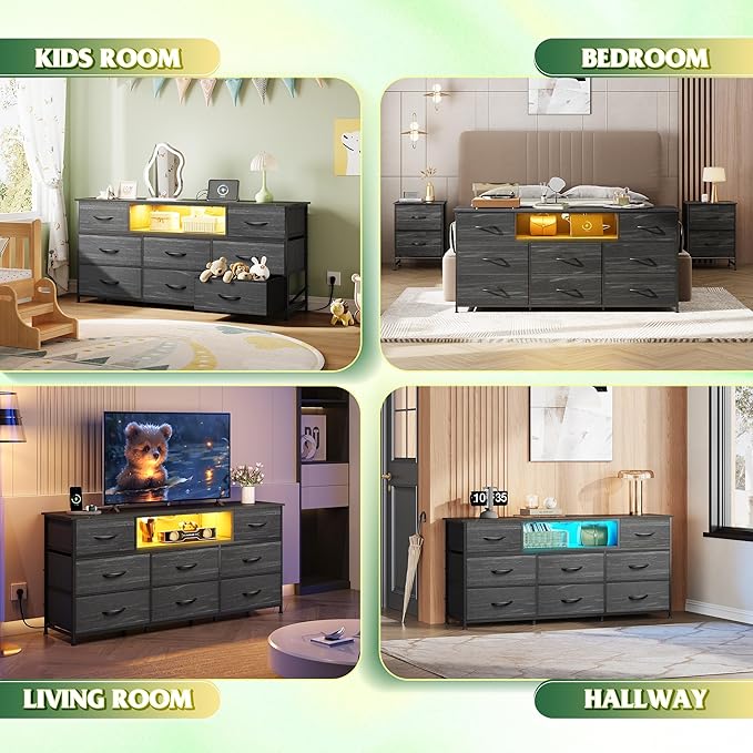 WLIVE Dresser TV Stand for 65 Inch TV, 8 Drawers, LED, Black Wood Grain | Fits TVs up to 65 inch, 8 fabric drawers, Built-in power outlet, Chest of drawers, Living room or bedroom