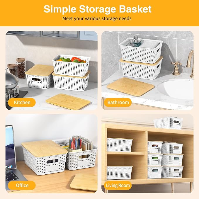 6 Pack Plastic Storage Baskets,White bamboo lid storage Box | Labels, Stackable, For Organizing Shelves Pantry Drawers Desktop Closets Organizing Desktop Closet Playroom Classroom