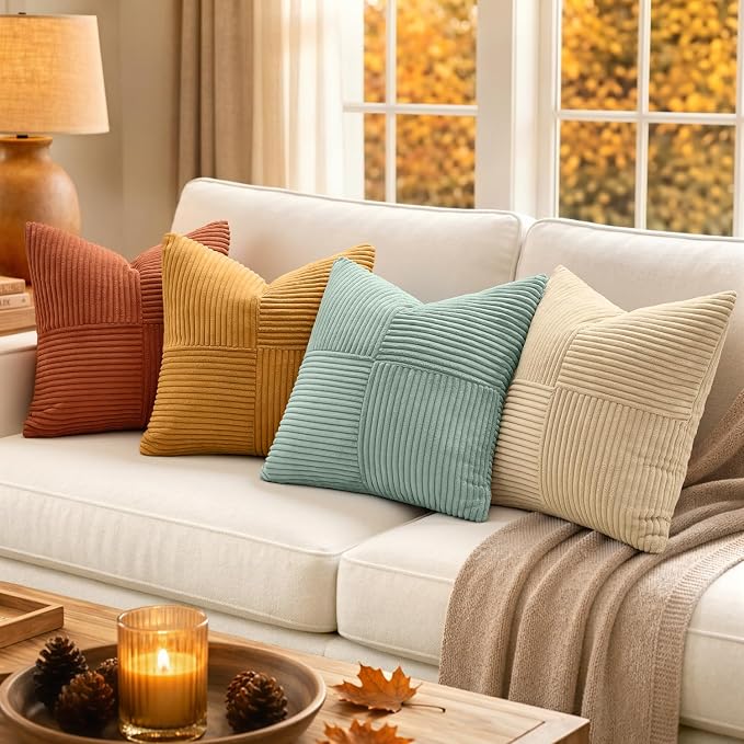 MIULEE Fall Teal-Orange Decorative Throw Pillow Covers 20x20 Inch Set of 4 Boho Corduroy Striped Cushion Cases Modern Farmhouse Patchwork Pillow Cases for Couch Sofa Bedroom Home Decor