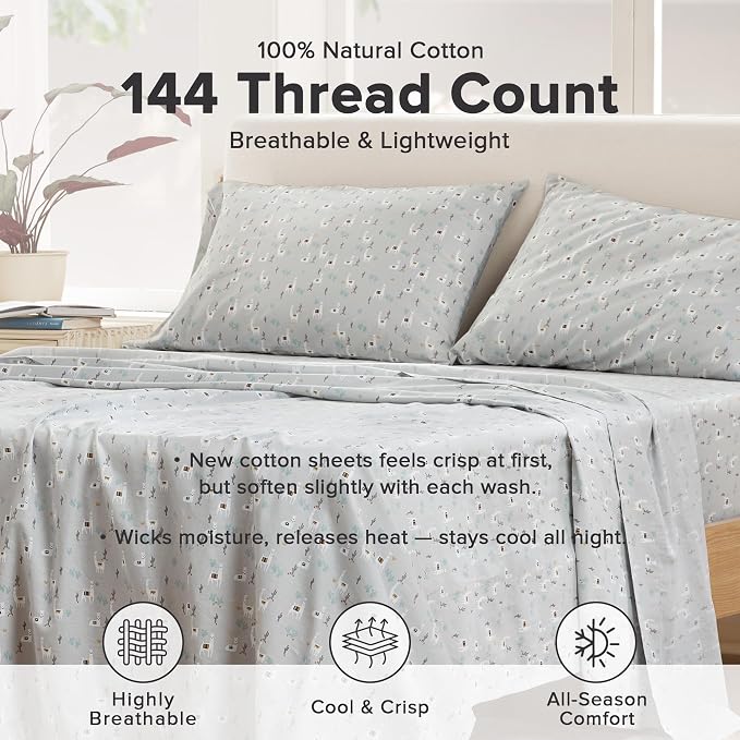 Comfort Spaces 100% Cotton Percale Sheets King Sheet Set 4 Pcs, Lama Multi | Crisp, Cool & Breathable Bed Sheets, 14" Deep Pocket Fits Up to 16" Mattress, Lightweight, All Season Cozy, with Pillow Case