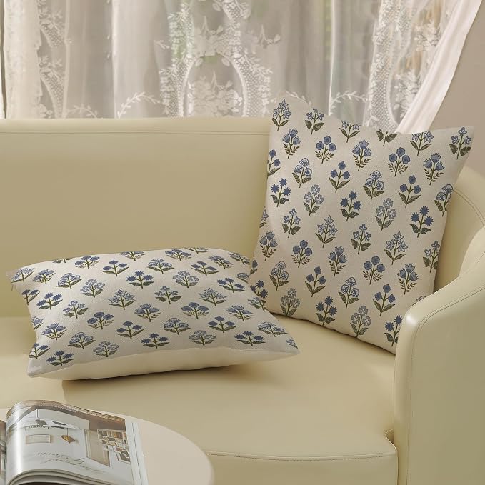 Blue Green Pillow Covers 22x22 Inch 2 Pcs Block Print Vintage Floral Decor Throw Pillows Boho Flower Spring Summer Outdoor Seasonal Decoration Pillowcase Linen Cushion Cover for Couch Sofa