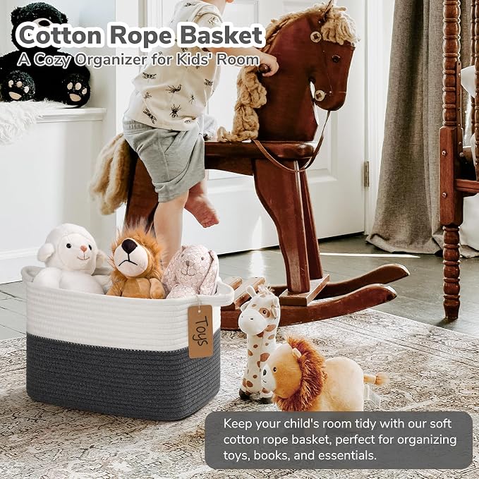 Goodpick Woven Rope Storage Basket for Shelves, Rectangle, Dark Gray | 13" × 10" × 9" Stylish Gift Basket for Home Decor, Cotton Rope Baskets for Baby Toys, Books & Towels Storage, Writable Label