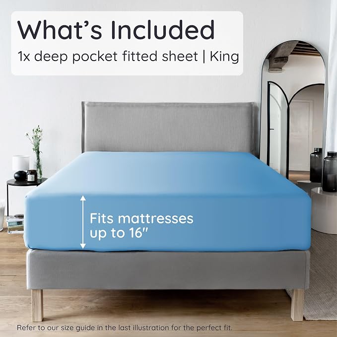 Bambaw 100% Viscose Derived from Bamboo Fitted Sheet, 16’’ Pocket King Bed Fitted Sheet Only, Cooling Fitted Sheets King Size, Breathable & Soft King Size Fitted Sheet with Corner Straps (Dream Blue)