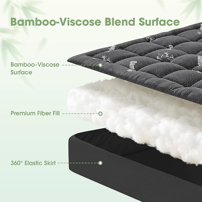 Mattress Pad King Size, Cooling Pillow Top Mattress Topper, Ultra Soft Viscose from Bamboo, Breathable for Hot Sleepers, Deep Pocket 8"-20", Black