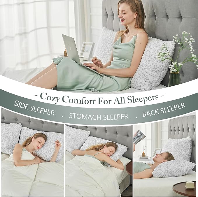 BPC Premium Rayon Derived from Bamboo Firm Pillows Queen Size Set of 2 - Hypoallergenic Shredded Memory Foam Pillows with Removable Cover Bed Pillows for Side Stomach and Back Sleepers, CertiPUR-US