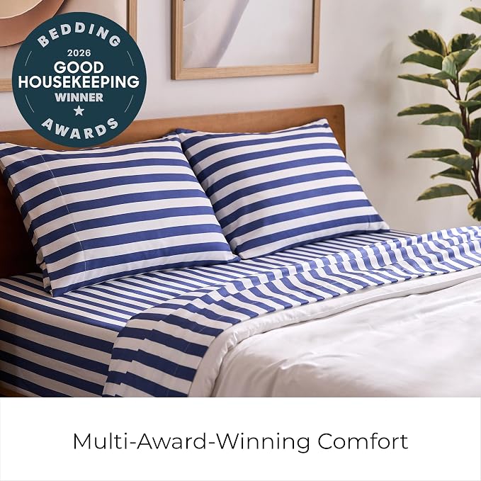 Mellanni Iconic 4-PC, Ultra Soft Sheet Set (King, Oxford Stripe Blue Nova) | 10M+ Sleepers. Lab-tested: Sleeps Cool, Stays Bright, Strong, Smooth. Good Housekeeping Best Bedding, 7 yrs running.