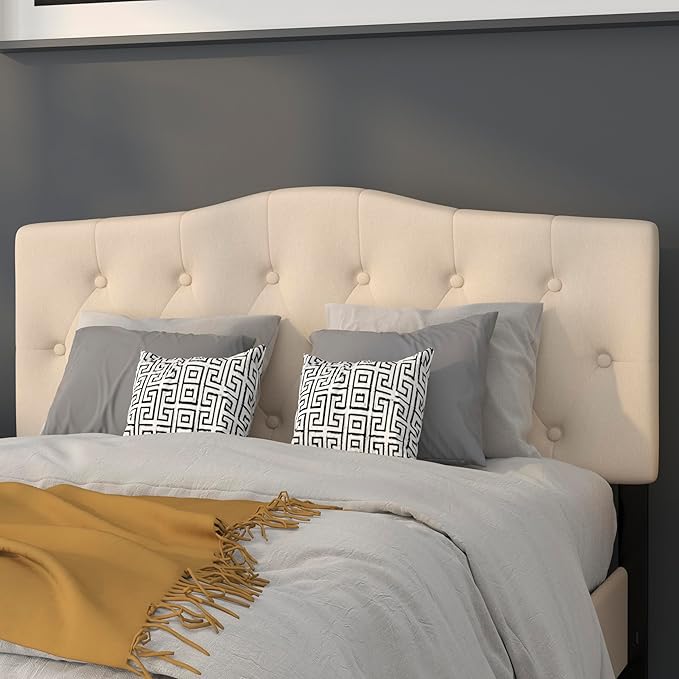 EMMA + OLIVER Beige Full Tufted Headboard | Adjustable Bed Rail Slots, Fabric Upholstered