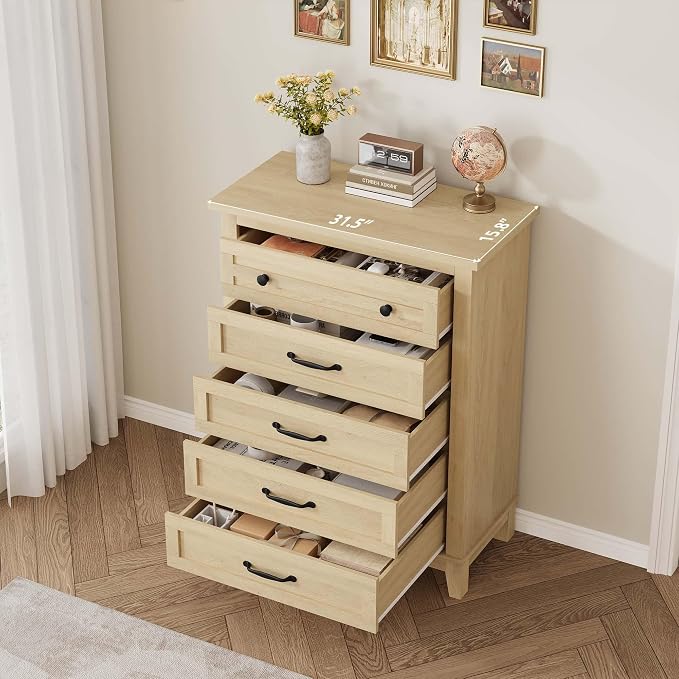 GarveeHome 5 Dresser for Bedroom, 41.3 in Tall Vertical Drawer Dresser with Large Storage, Freestanding Wooden Closet Chest for Bedroom, Living Room, Natural Oak