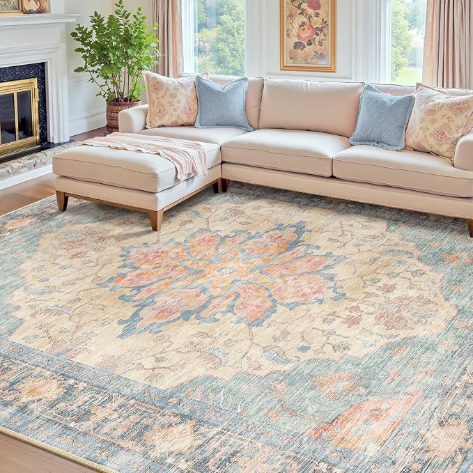 RELEANY Washable Area Rug, 8'x10', Blue/Orange/Red | Non-Slip, Water Repellent, Pet Friendly, Easy to Clean, Vintage Floral Boho Decor for Living Room Bedroom Dining Room