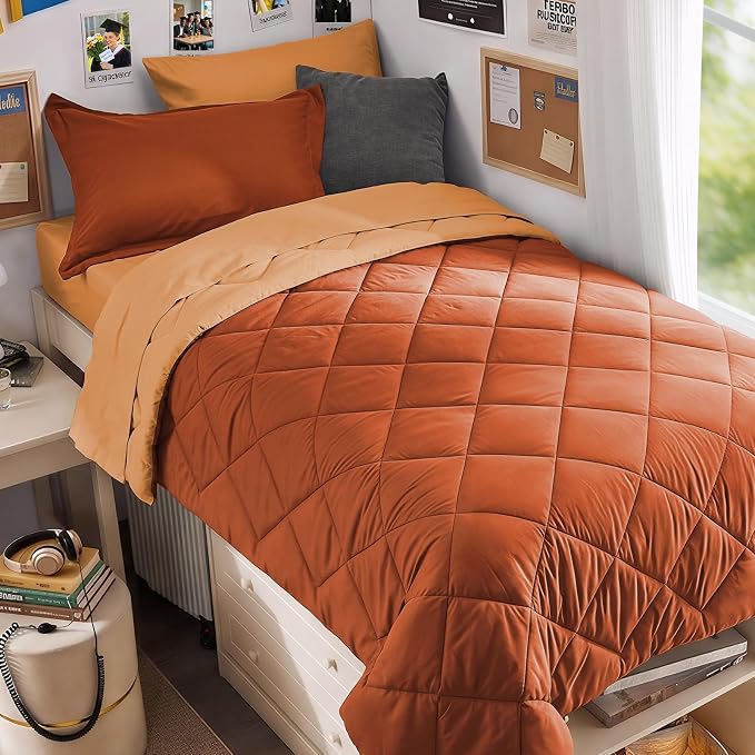 5 Pieces Twin XL Comforter Set, Reversible Bed in a Bag Twin XL Size, All Season Bedding Set with Comforter, Flat Sheet, Fitted Sheet, Pillowcases & Shams, Burnt Orange & Camel