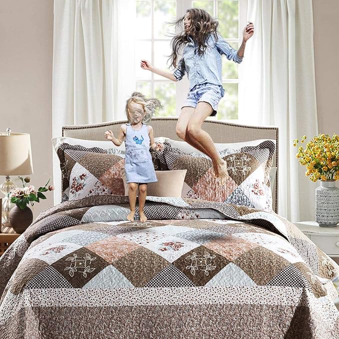 Quilt Bedspread Sets-Checkered Floral Reversible Coverlet Set,King Size