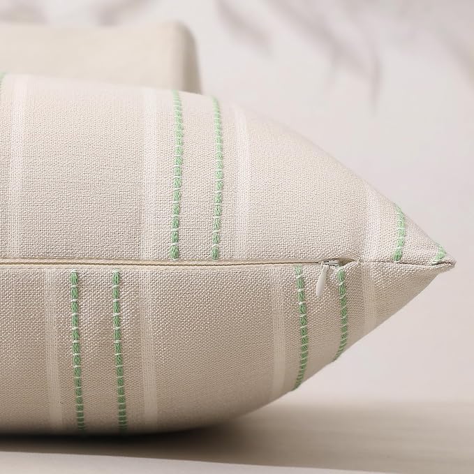 Hckot Stripe Throw Pillow Covers 16x16 Set of 2 Light Green Pillow Covers | Farmhouse Decorative Pillows Textured Linen Square Cushion Covers for Sofa Couch Bed Living Room Decor