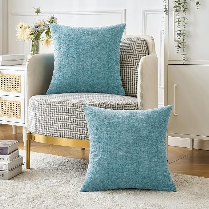 MIULEE Soft Chenille Throw Pillow Covers Smoke Blue 20x20 Inch Pack of 2 | Modern Coastal Home Decor, Classic Decorative Pillows, Solid Dyed Cases, Boho Couch Cushion Covers for Sofa Bed Living Room