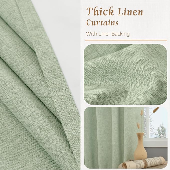 100% Blackout Linen Curtains 84 Inches Long for Living Room 2 Panels | Full Room Darkening, Farmhouse Curtains, Thermal, Rod Pocket Back Tab Panels, with White Liner, Light Green, 60 x 84 Inch