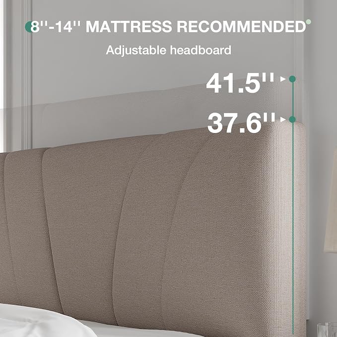 Novilla Full Size Bed Frame with Adjustable Headboard Platform Full Bed Frame with Linen Fabric Upholstered Headboard, No Box Spring Needed, Noise-Free, Wooden Slats Support, Easy Assembly, Beige