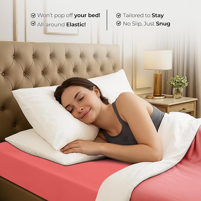 Full Fitted Sheet, Ultra Soft Fits Up to 16 Inch Deep Pocket, Coral | Hotel Comfort, Cooling & Breathable Cotton like Polyester, Easy Fit, Wrinkle & Fade Resistant, Snug Fit, Easy Care, Oeko-Tex