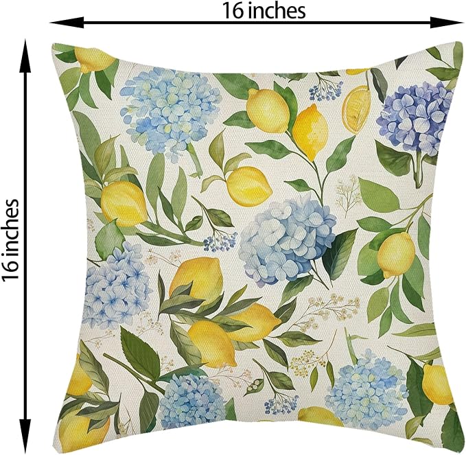 Blue Yellow Pillow Covers 16x16 Inch 2 Pcs Blue Hydrangea Floral Decor Throw Pillows Vintage Lemon Flower Seasonal Summer Outdoor Decoration Pillowcase Linen Cushion Cover for Couch Sofa