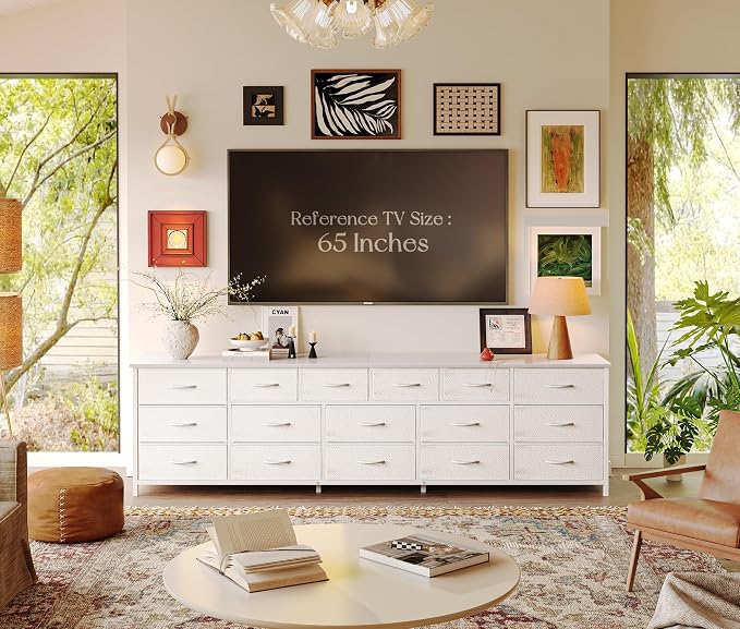 Huuger 77.6" Long Dresser for Bedroom, 16 Drawer Fabric Dresser for Closet, Wide Chest of Drawers with Storage, TV Stand for 65, 75, 85 Inch TV, 77.6" W x 13" D x 26.4" H, White