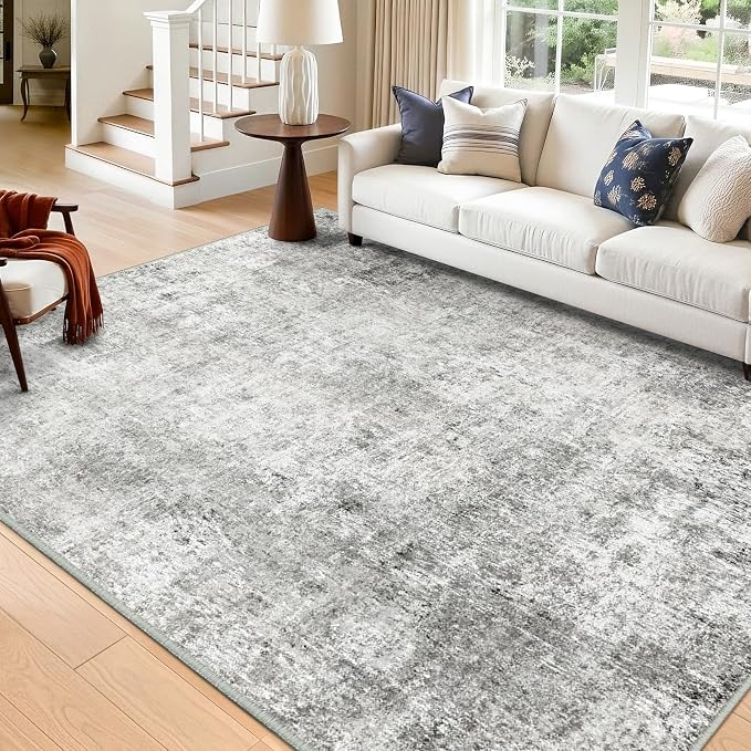RELEANY Washable 6'x9' Abstract Area Rug for Living Room Gray White | Carpet for Bedroom, Kitchen, Office, Hallway and Entryway, Printed Pattern, Non‑Slip, Soft, Stain‑Resistant, Easy to Clean