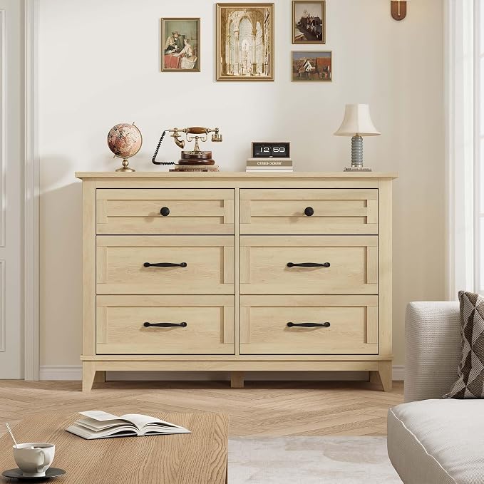 GarveeHome 6 Dresser for Bedroom, 47 in Wide Drawer Dresser with Storage Freestanding, Wooden Closet Storage Chest for Living Room, Bedroom, Entryway, Natural Oak
