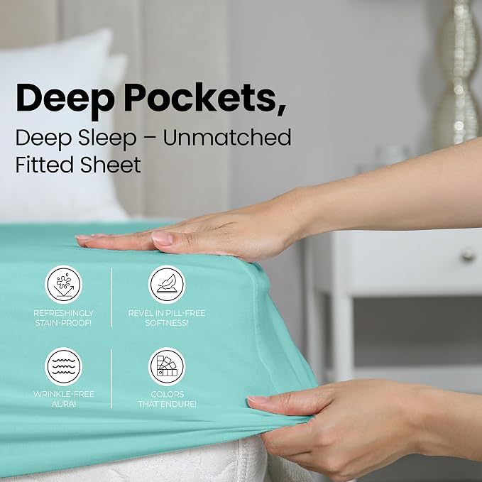 Queen Fitted Sheet, Ultra Soft Fits Up to 16 Inch Deep Pocket, Spa Blue | Hotel Comfort, Cooling & Breathable Cotton like Polyester, Easy Fit, Wrinkle & Fade Resistant, Snug Fit, Easy Care, Oeko-Tex