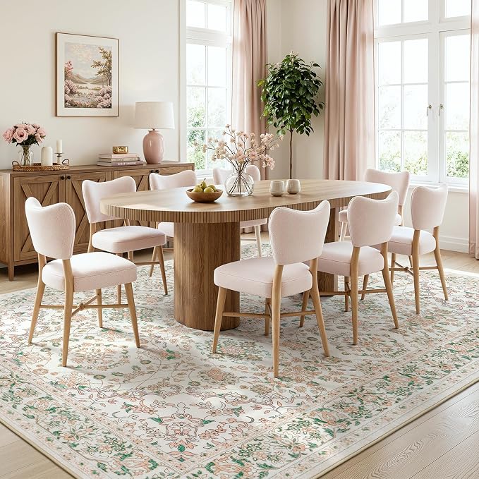 8x10 Area Rugs for Living Room,Large Washable Floral Carpet Pink | Durable Stain Resistant,Kid Pet Friendly,Compatible with All Vacuums,0.25inch Low Pile for Bedroom Dining Room Home Office