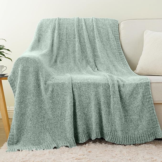 BATTILO HOME Sage Green Throw Blanket for Home Decor, Chenille Knit Throw Blanket for Couch, Sofa, Chair, Cozy Soft Blanket, 51"x67" | Shiny Chenille Blanket, Sage Knitted Blanket, Cozy Soft Spring Summer Blanket Throw, Warm & Midweight